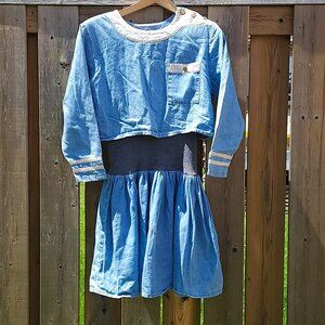 VINTAGE 1980s BRAVE NEW WORLD DRESS Denim Size Small Shoulder Pads Futuristic